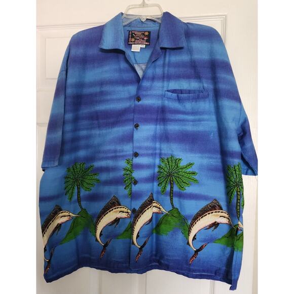 MEN'S "HAWAIIAN SHIRT BY BASIX"-Blue-Dolphins-Button Up-Tropical-Size XXL - Picture 4 of 12